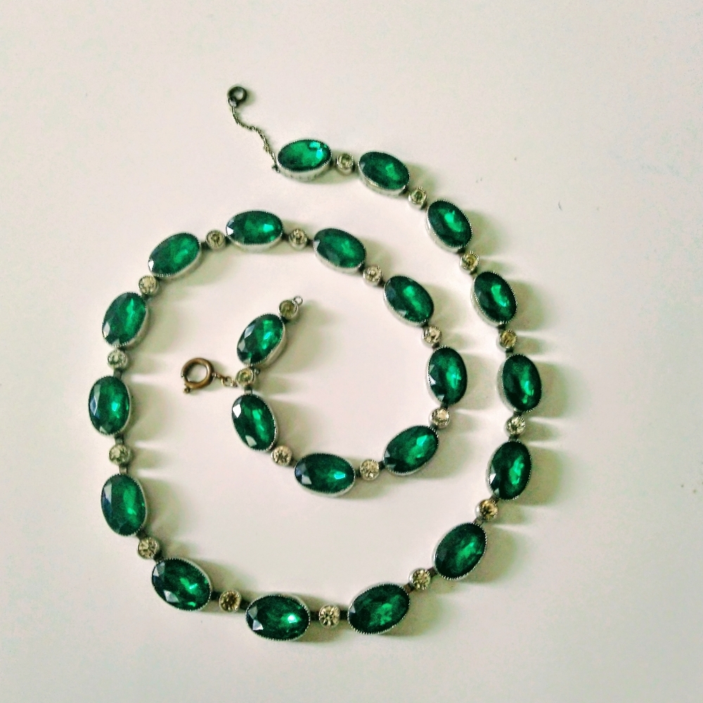 Antique Art Deco Czech Emerald Glass Paste Necklac